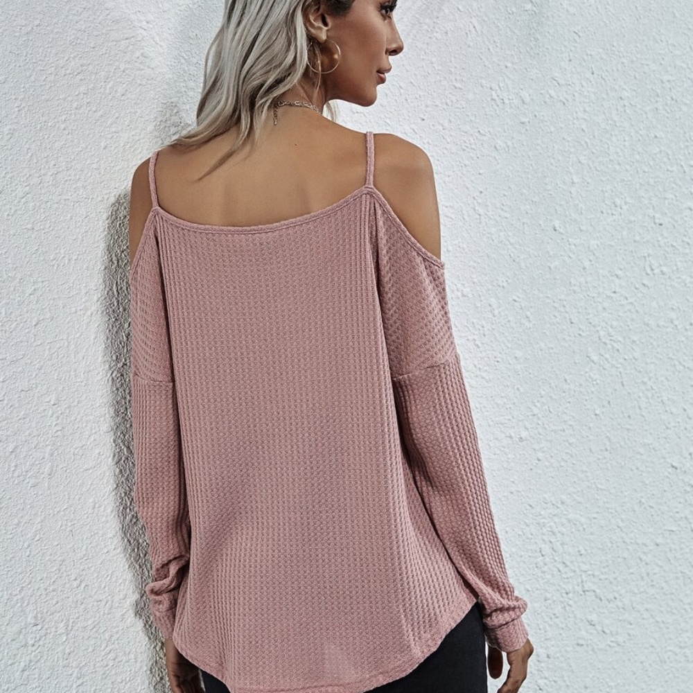 off shoulder waffle long sleeve knit top MOCHA - Picture 10 of 11